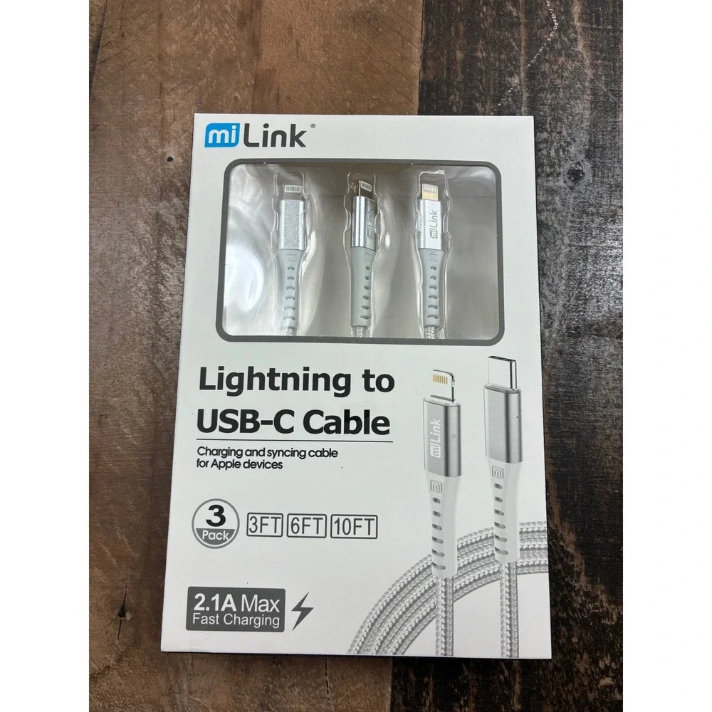 miLink Lightning to USB-C Cable 3Pack Braided Nylon 3ft 6ft 10ft Silver LTC3-113